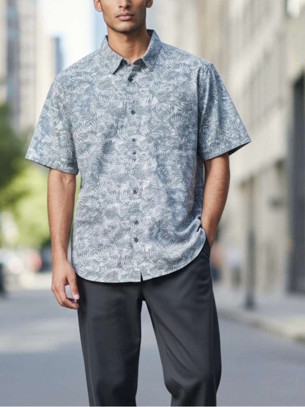 Hang Ten Men’s Tropical Palm Leaf Print Short Sleeve Button Up Shirt Size Large